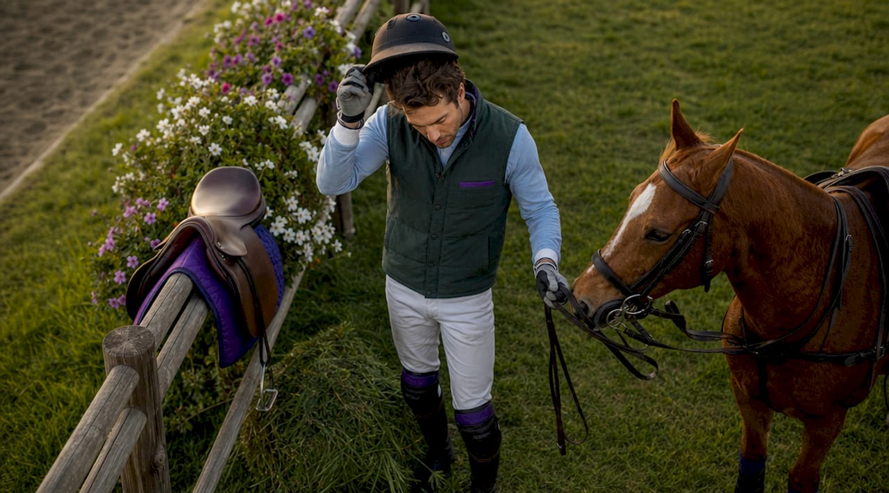 Polo player mounting horse for training