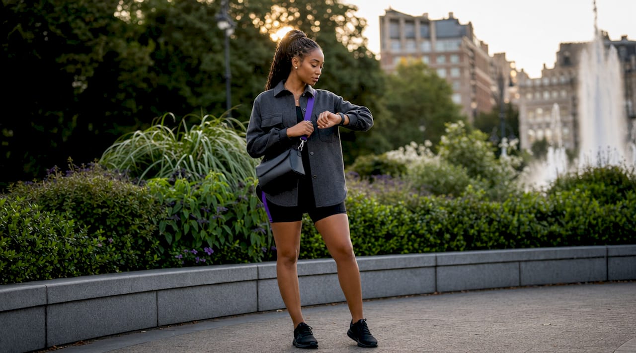 Woman outdoors wearing gym to street style outfit