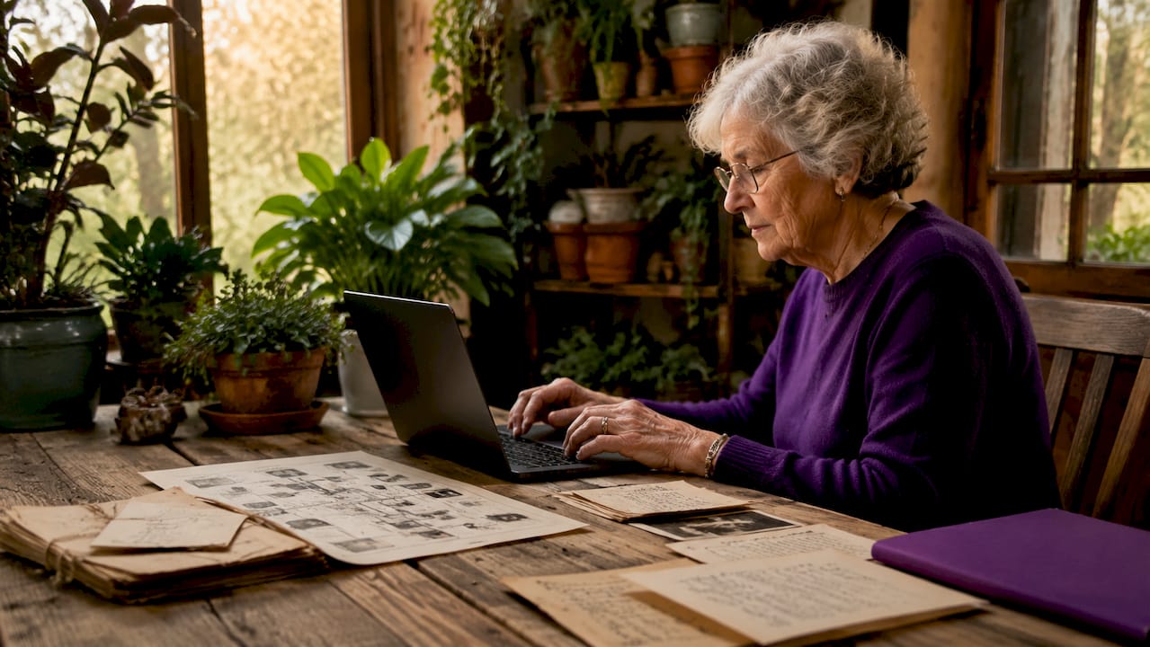 Elderly woman researching genealogy at home table