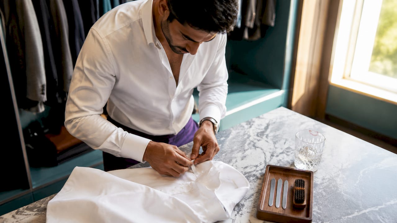 Man inserting collar stay into shirt collar
