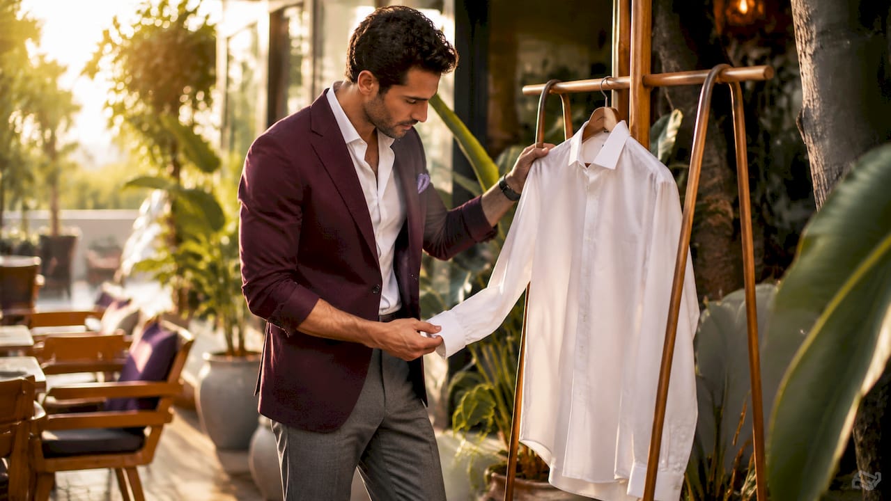 Man examining dress shirt in boutique fitting room