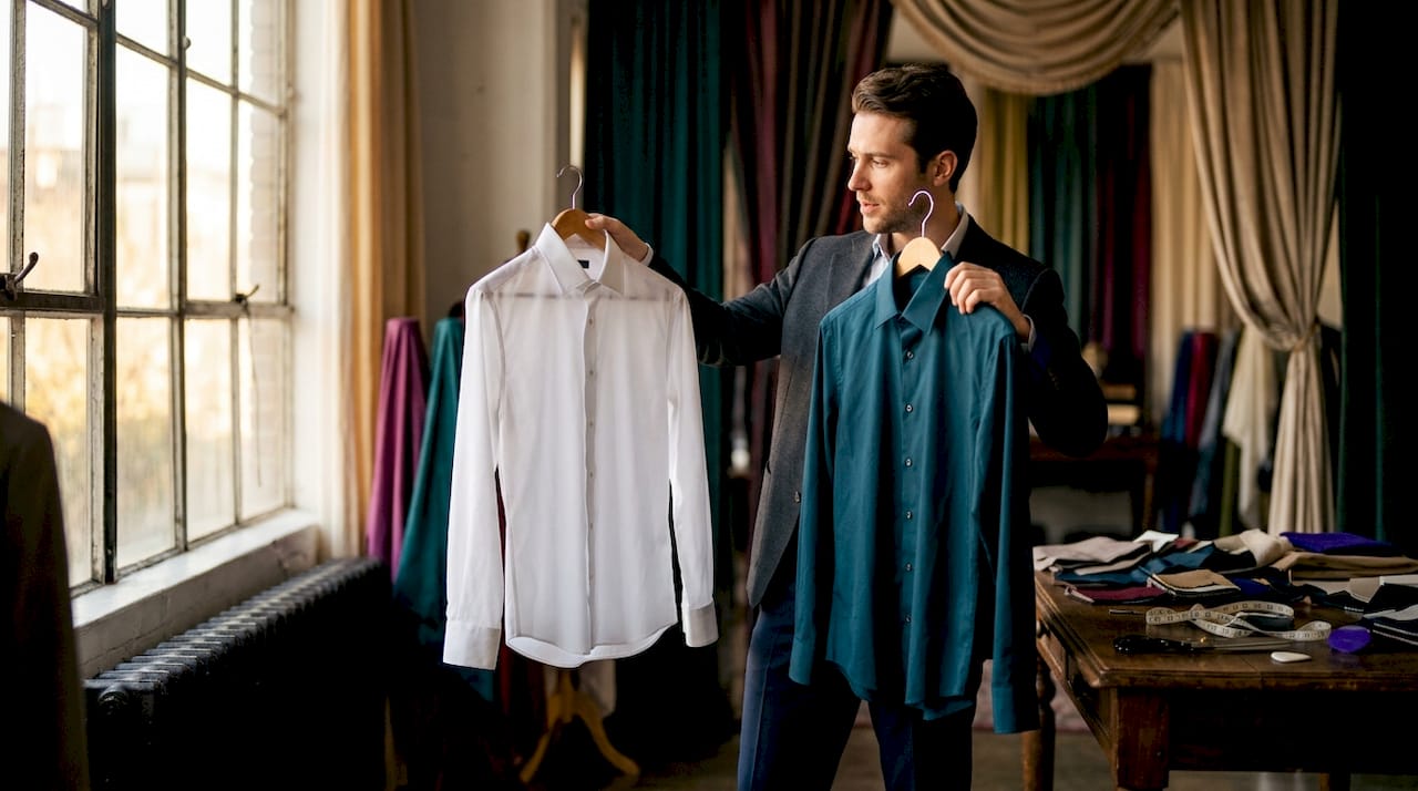 Man comparing slim and regular fit shirts