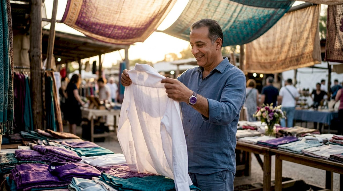 Man inspecting Egyptian cotton shirt fabric