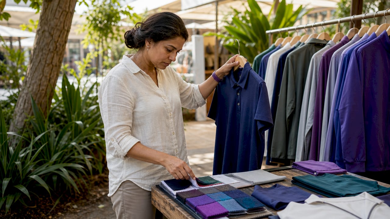Woman selecting corporate gift polo shirt in showroom