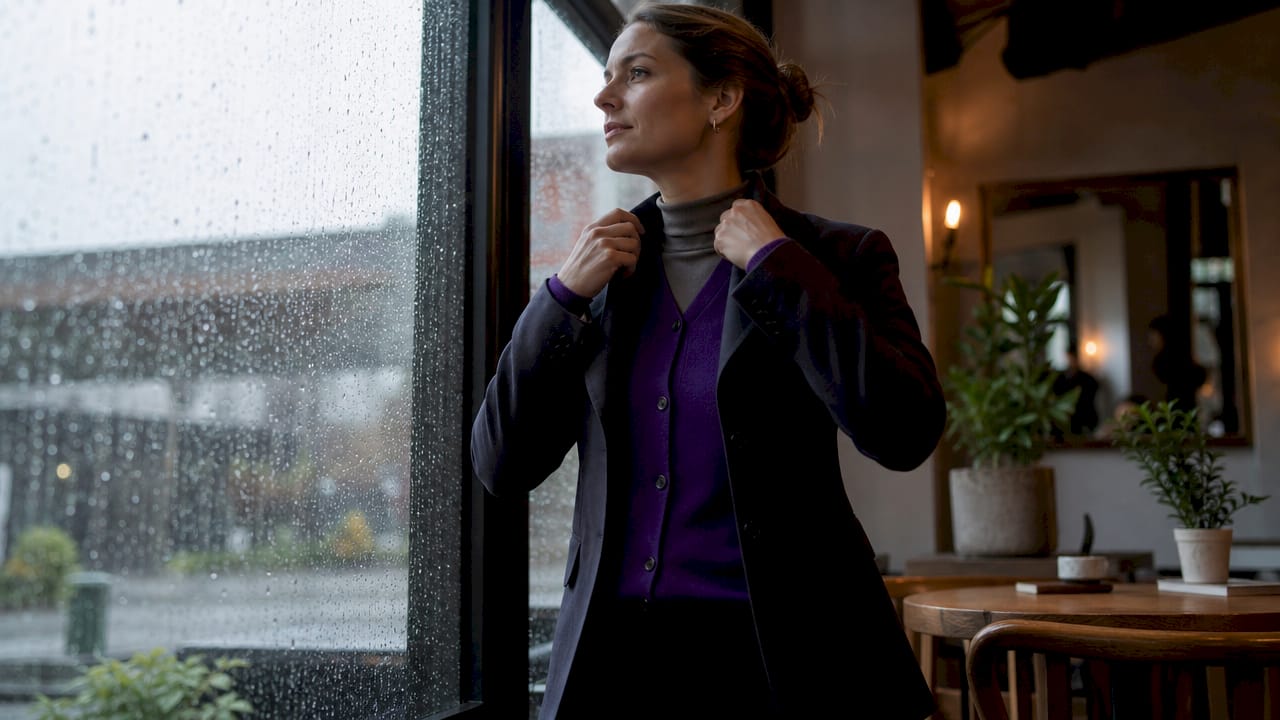 Woman layering winter business clothing indoors