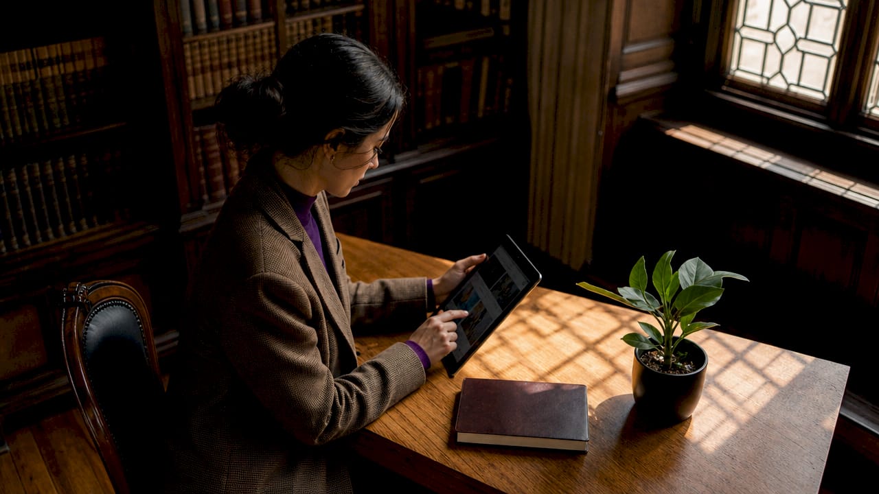 Young academic browsing clothing alternatives on tablet