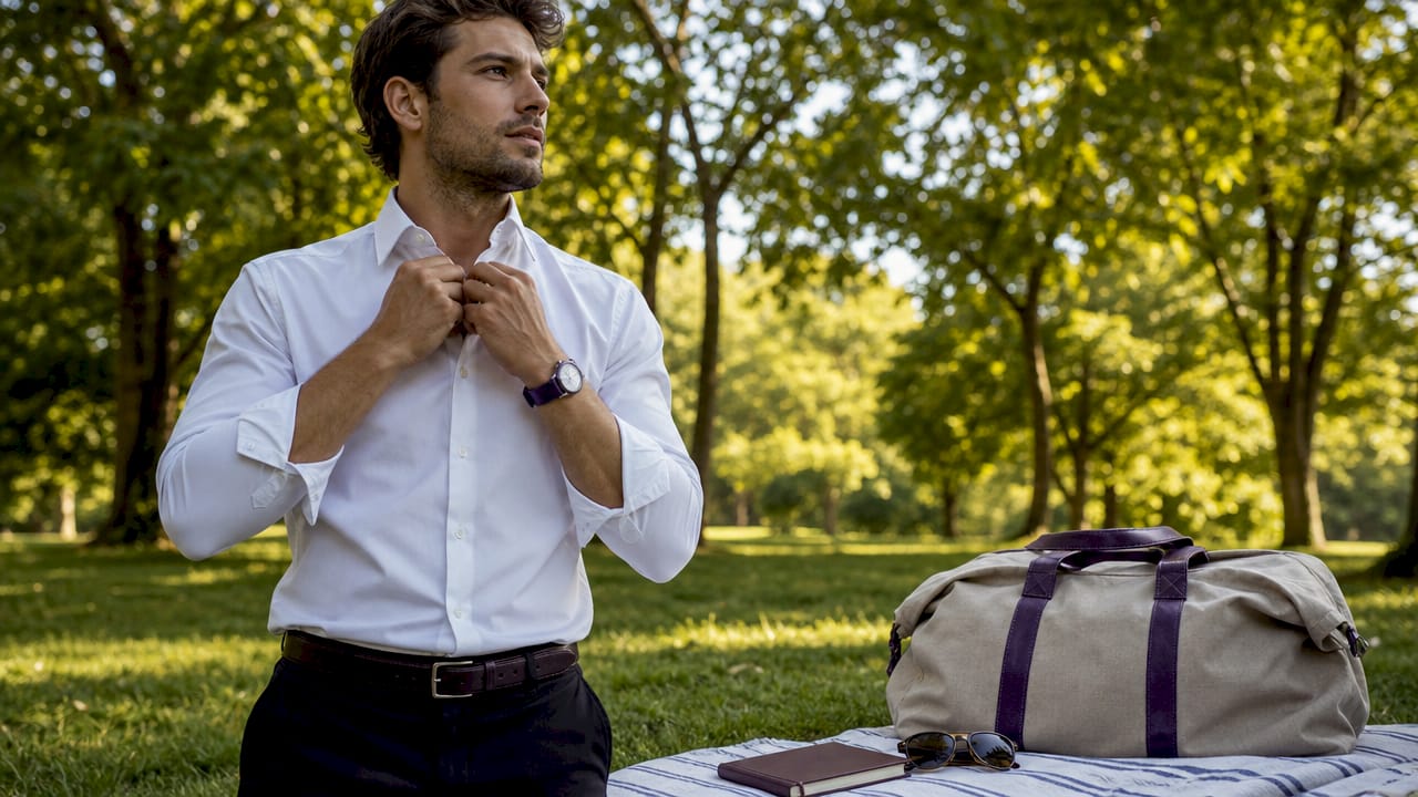Muscular man wearing white muscle fit shirt adjusting collar