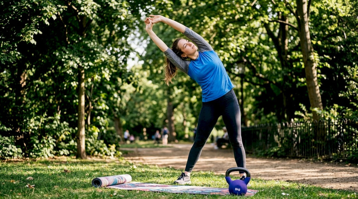 Woman stretching in workout shirt with raglan sleeves