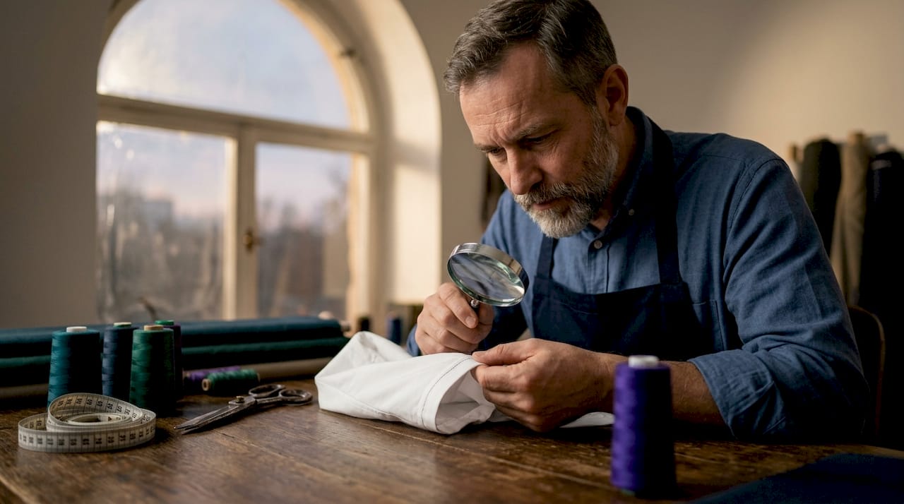 Tailor inspecting dress shirt stitching closely