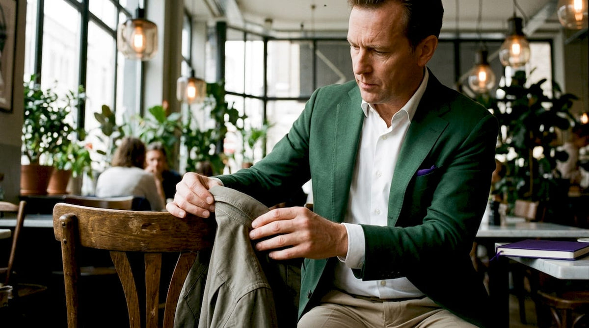 Man examining shirt collar in boutique