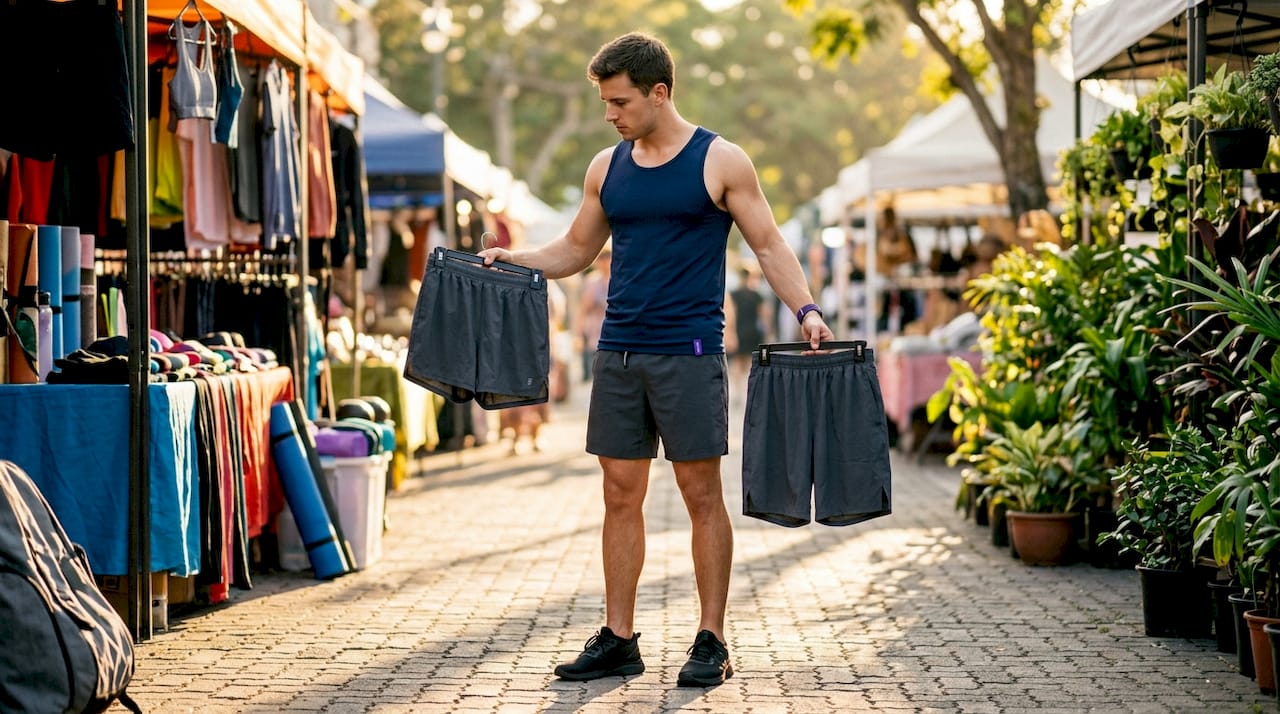 Athlete comparing athletic shorts in store
