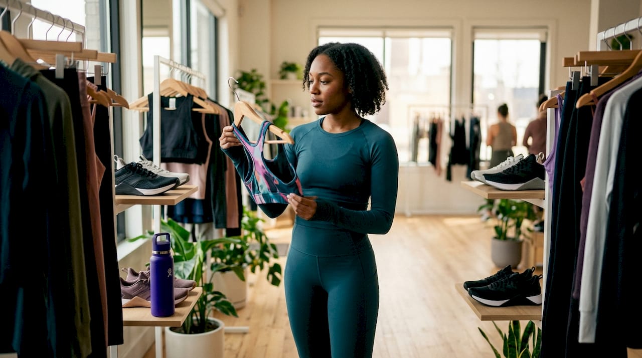 Woman selecting workout gear in gym lobby