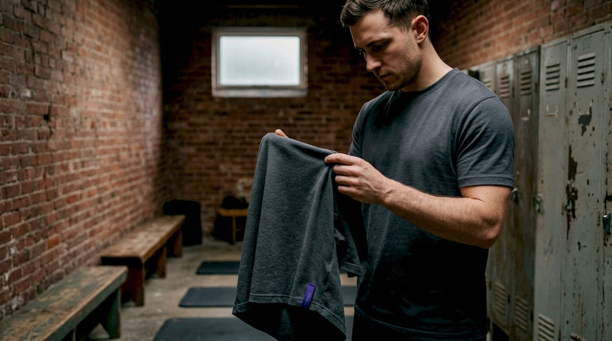 Athlete examining heavyweight athletic tee fabric
