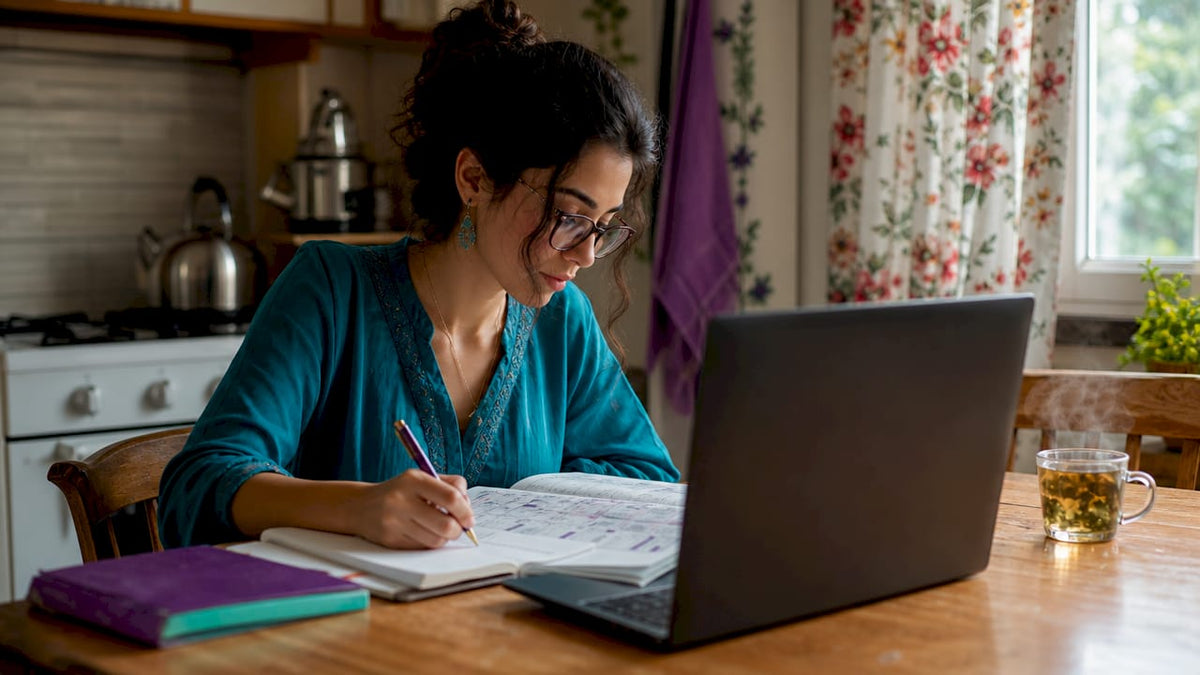 Young woman studying language alternatives at desk