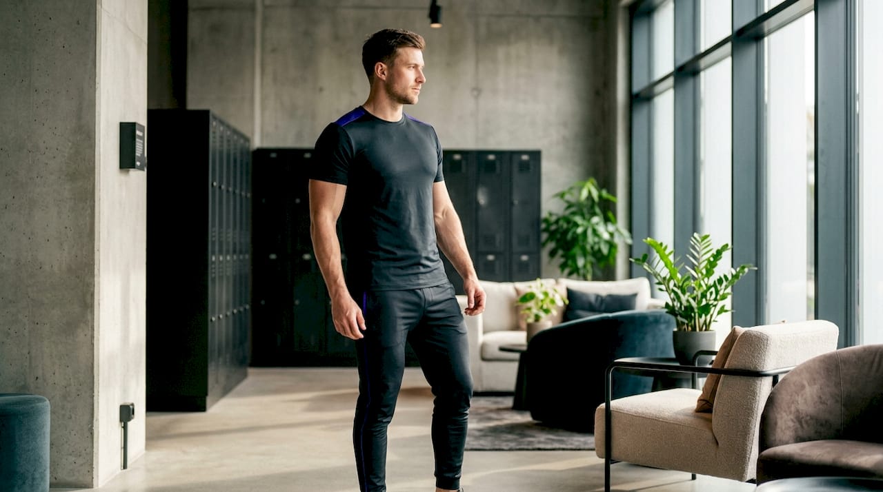 Muscular man wearing tapered athletic fit clothes in gym locker room