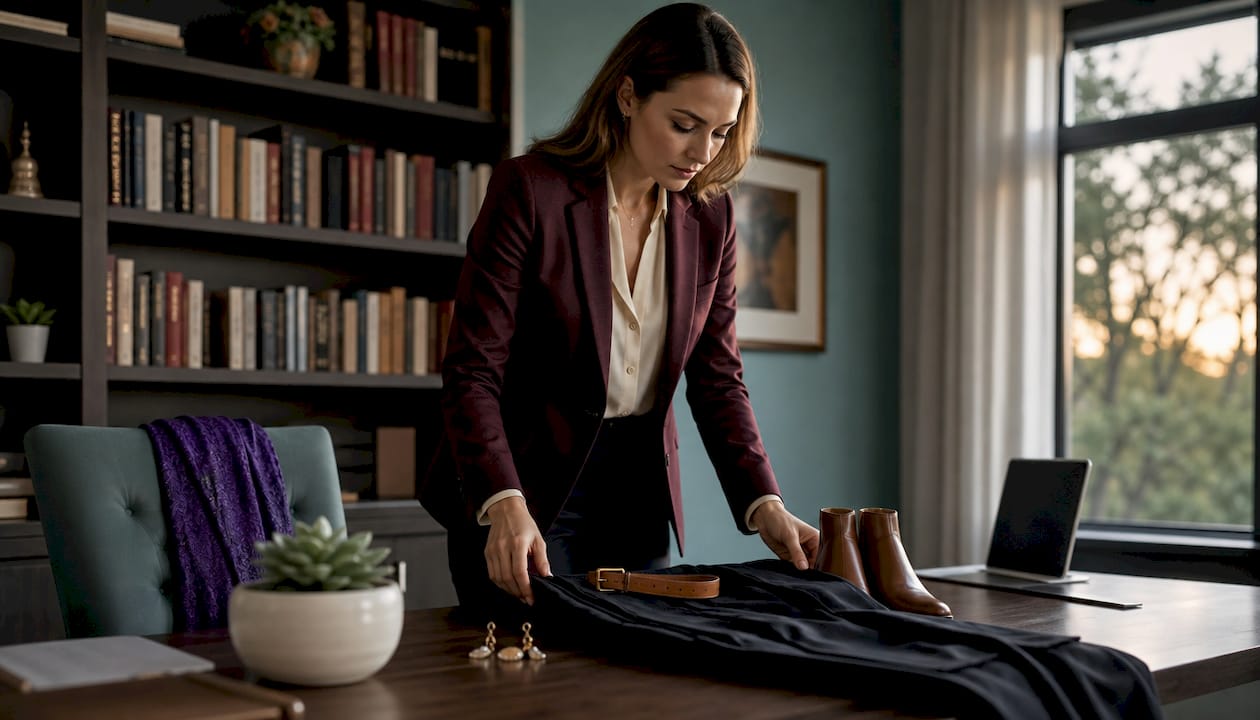 Woman arranging business casual outfit in bedroom