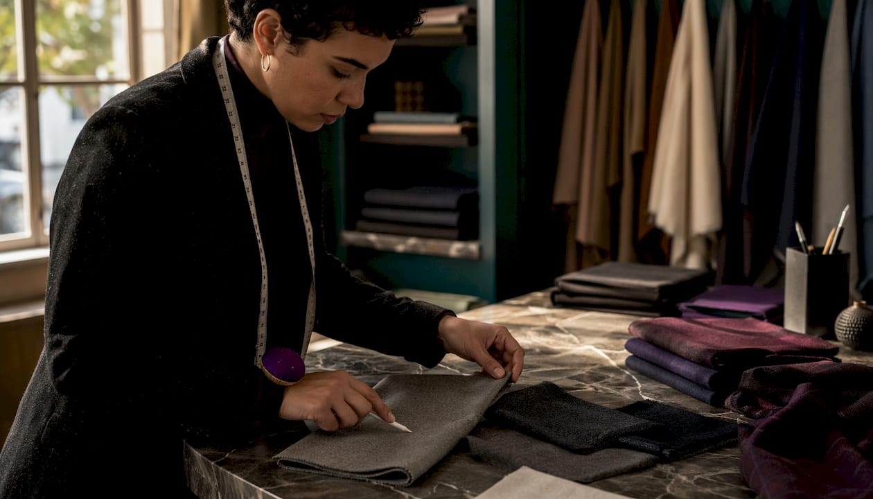 Consultant examining luxury fabric swatches