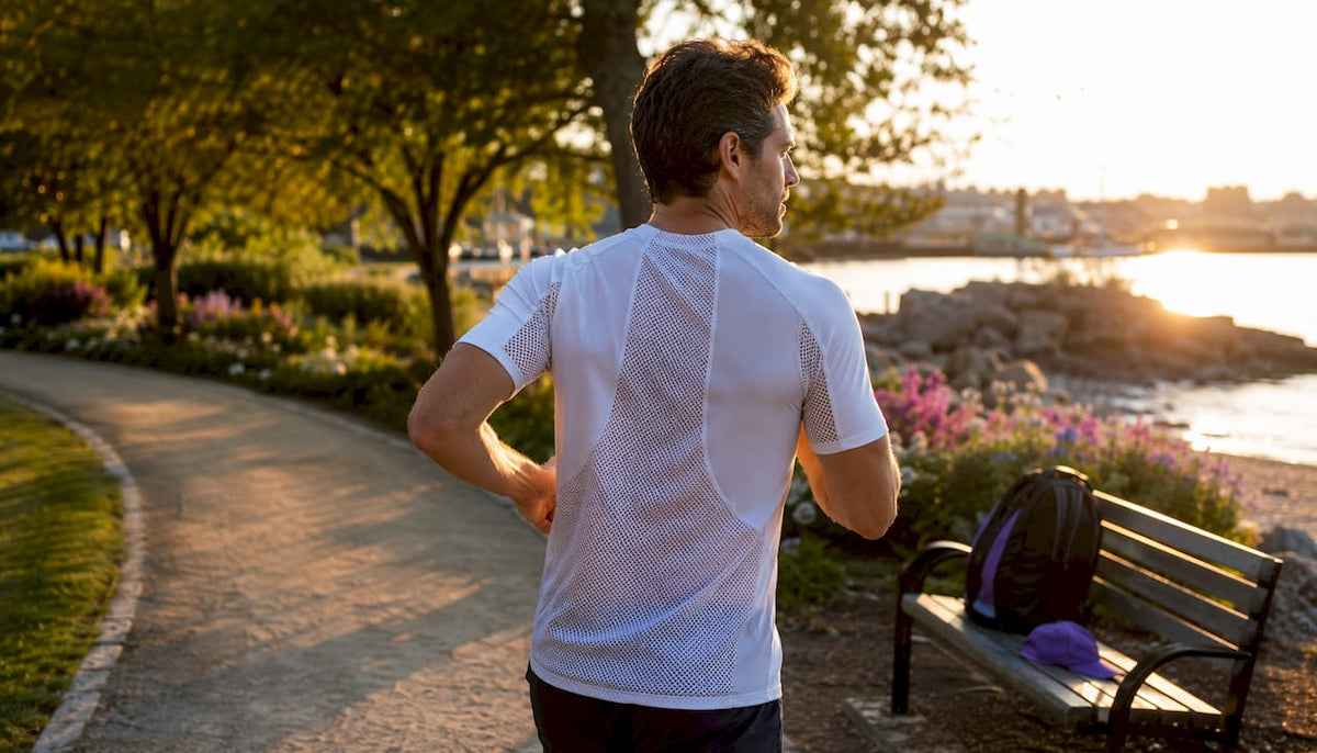 Male runner wearing vented performance shirt outdoors
