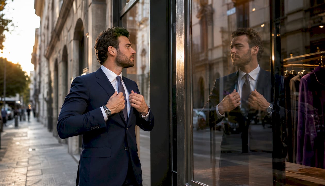Man adjusting well-fitted suit jacket in fitting room