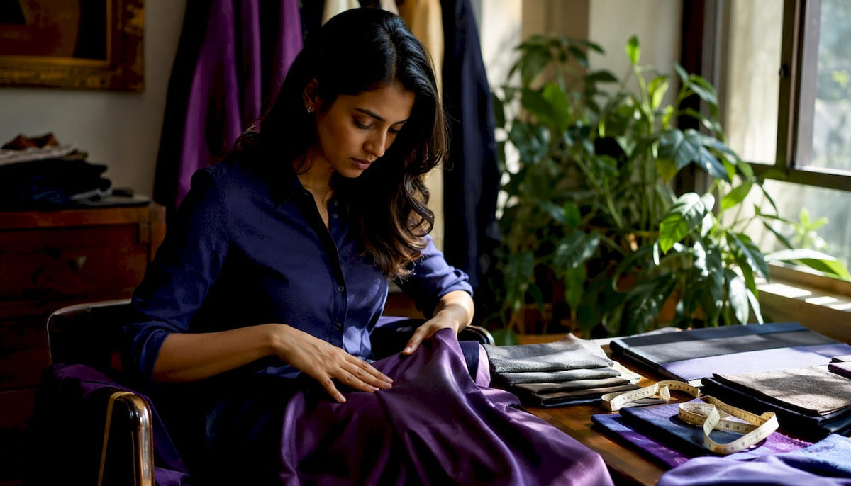 Woman examining shirt fabric close-up