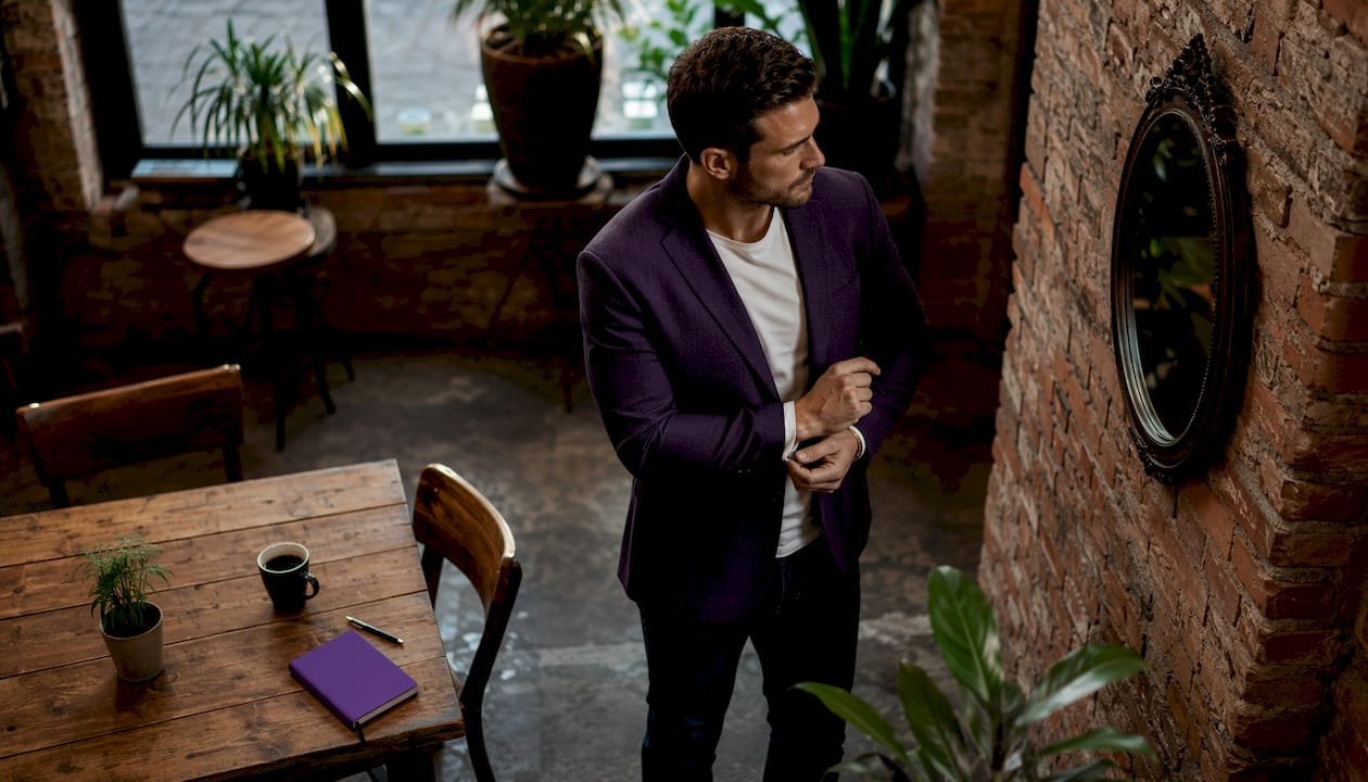 Man wearing relaxed athletic fit outfit in natural home setting