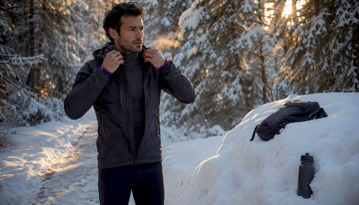 Man adjusting winter running apparel outdoors