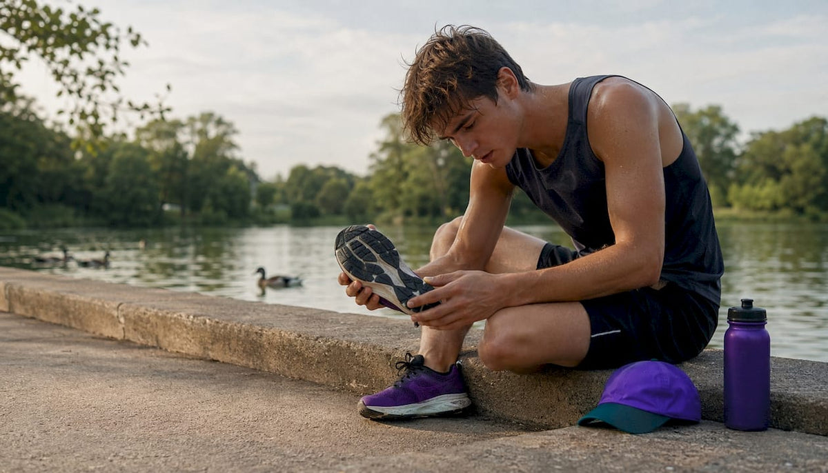 Athlete examining worn rubber outsole outdoors