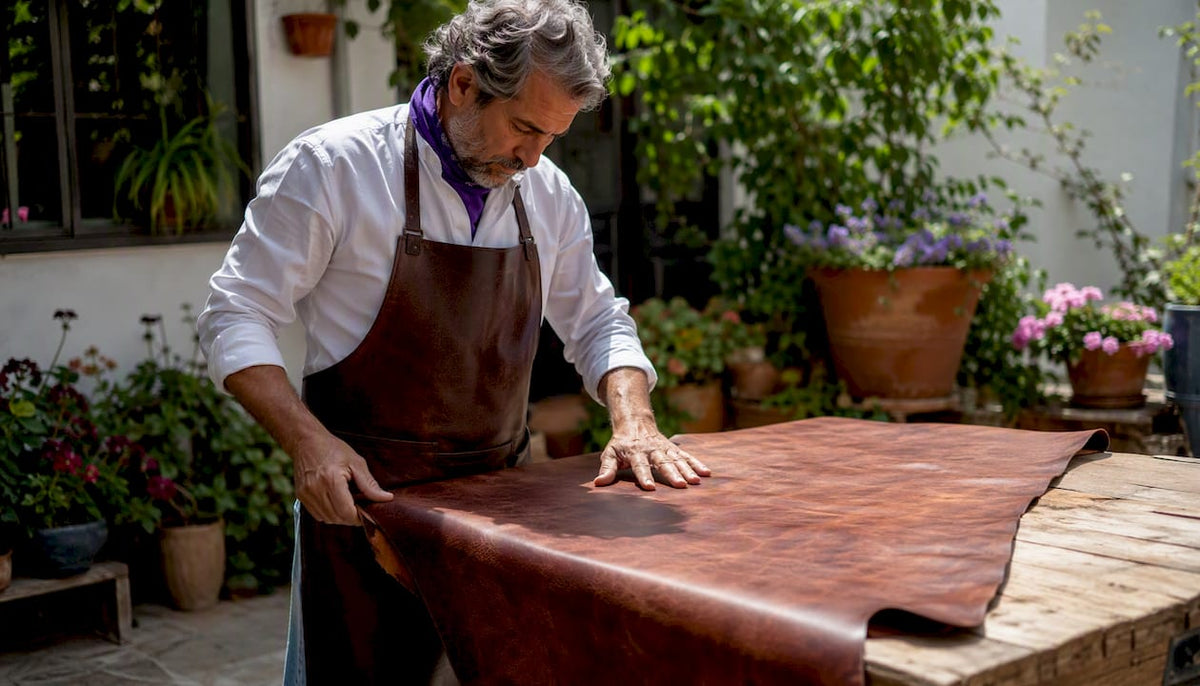 Artisan inspecting full-grain leather hide