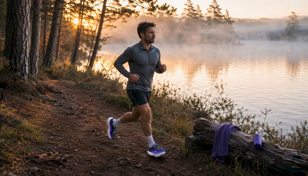 Side profile of runner's shoe midsole compressing on trail