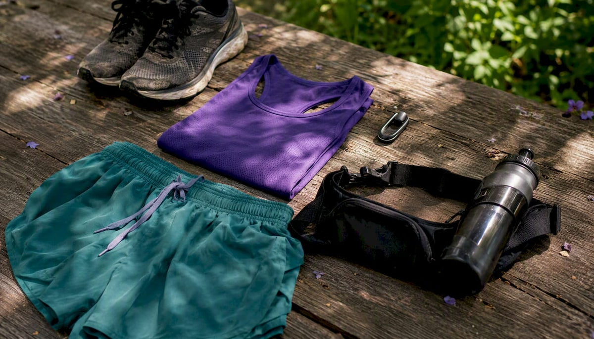 Running shoes and gear packed for a run