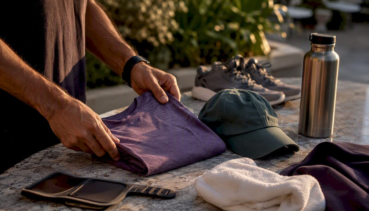 Hands packing cardio workout clothing and gear