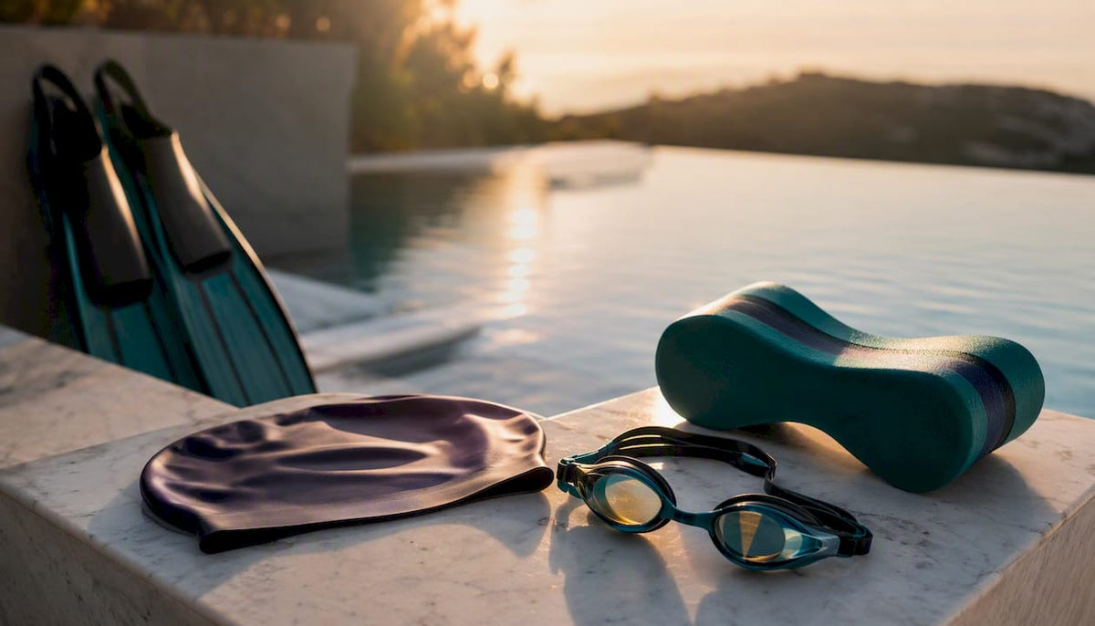 Quality swim training gear arranged poolside