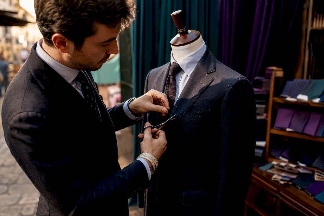 Tailor adjusting men's suit jacket fit