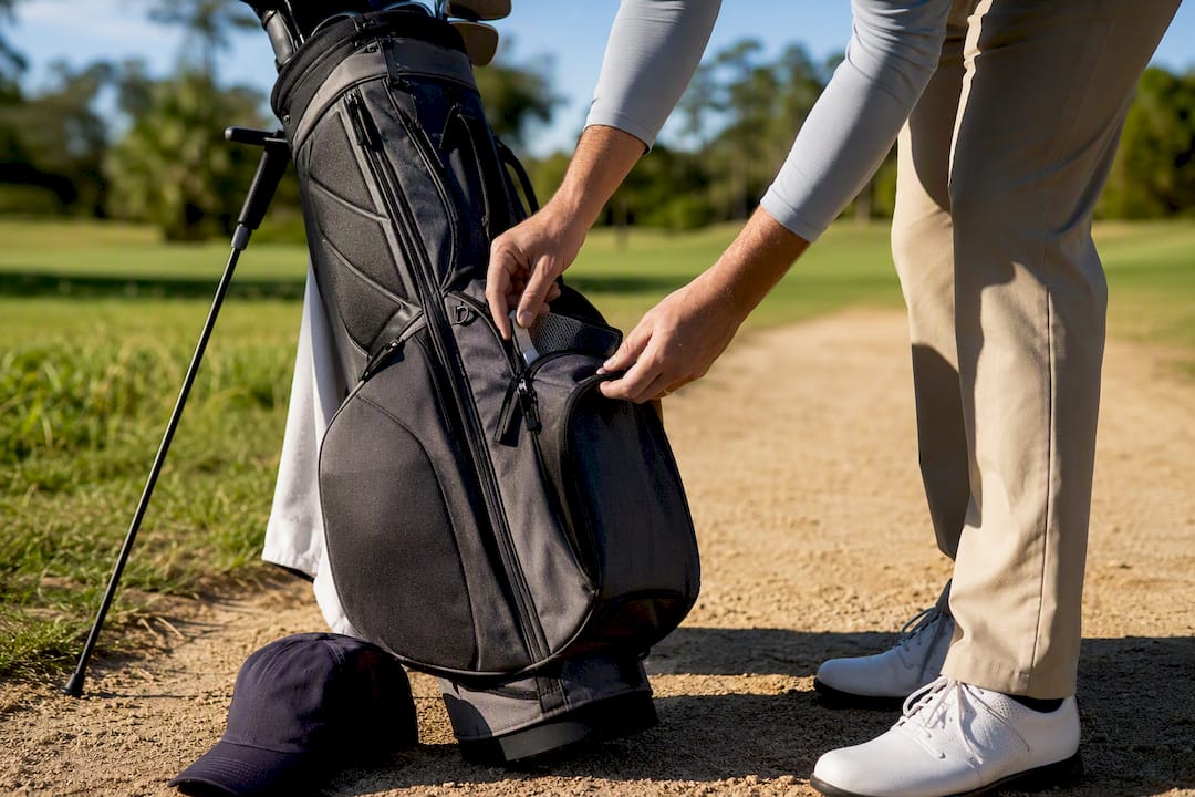 Hands putting golf balls into golf bag pocket