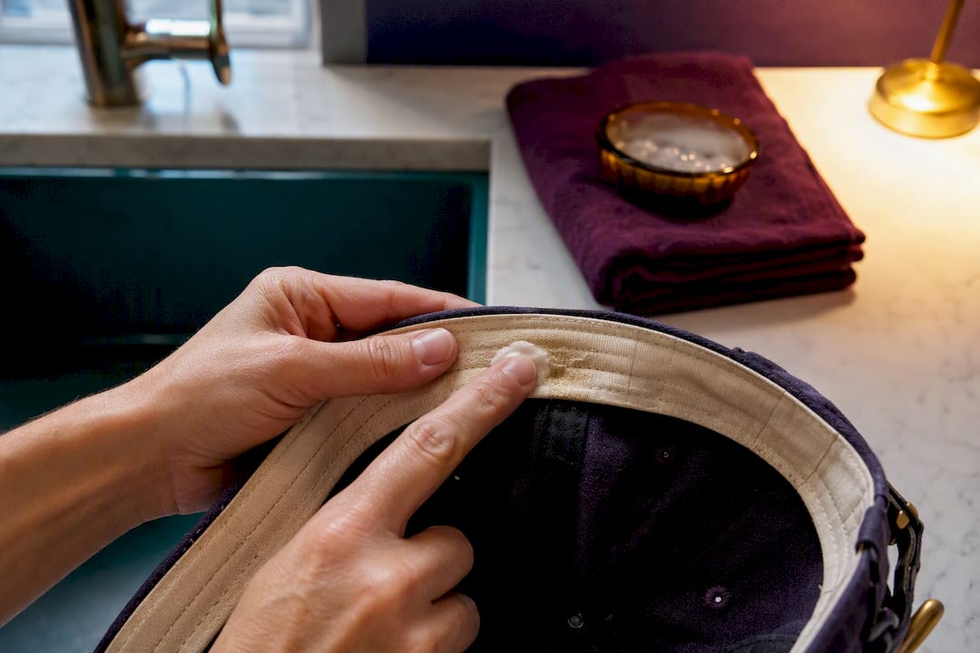 Hands testing cleaner on a hat seam